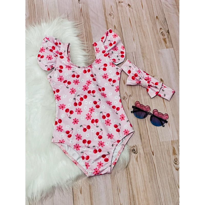 Maiô Infantil Menina Estampa Cereja com Babados + Laço | Moda Praia Verão