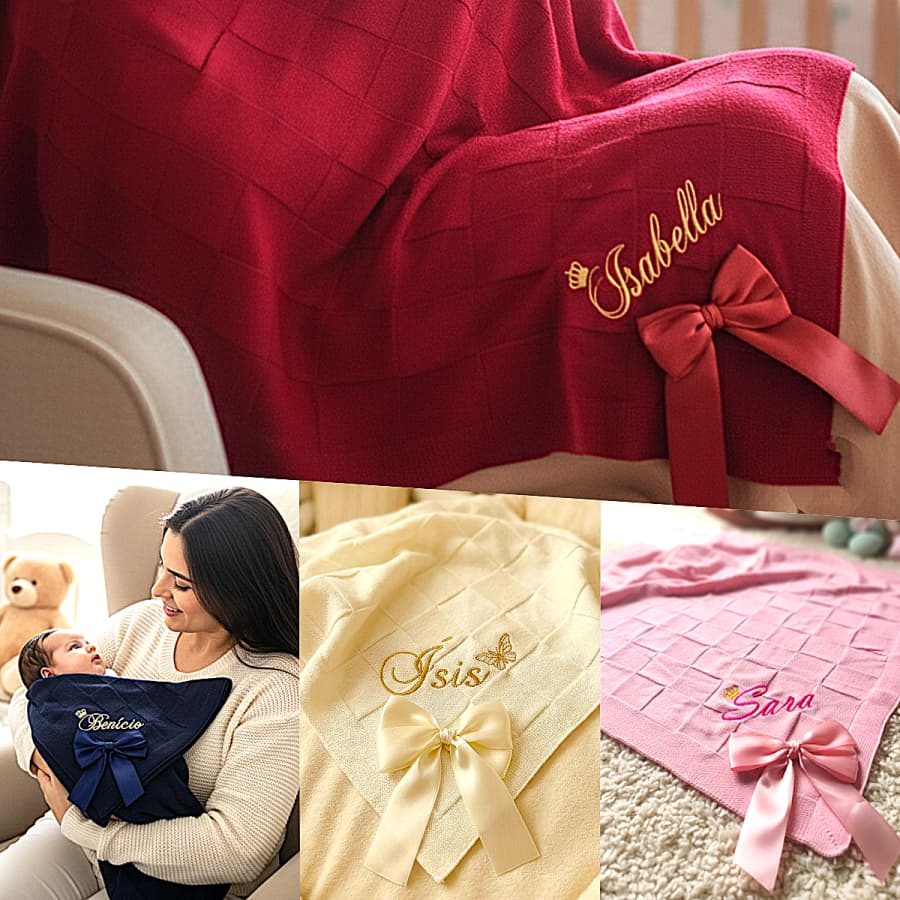 Manta Bebê Personalizada com Nome Bordado  Maternidade Tricô menino ou menina Saída de maternidade