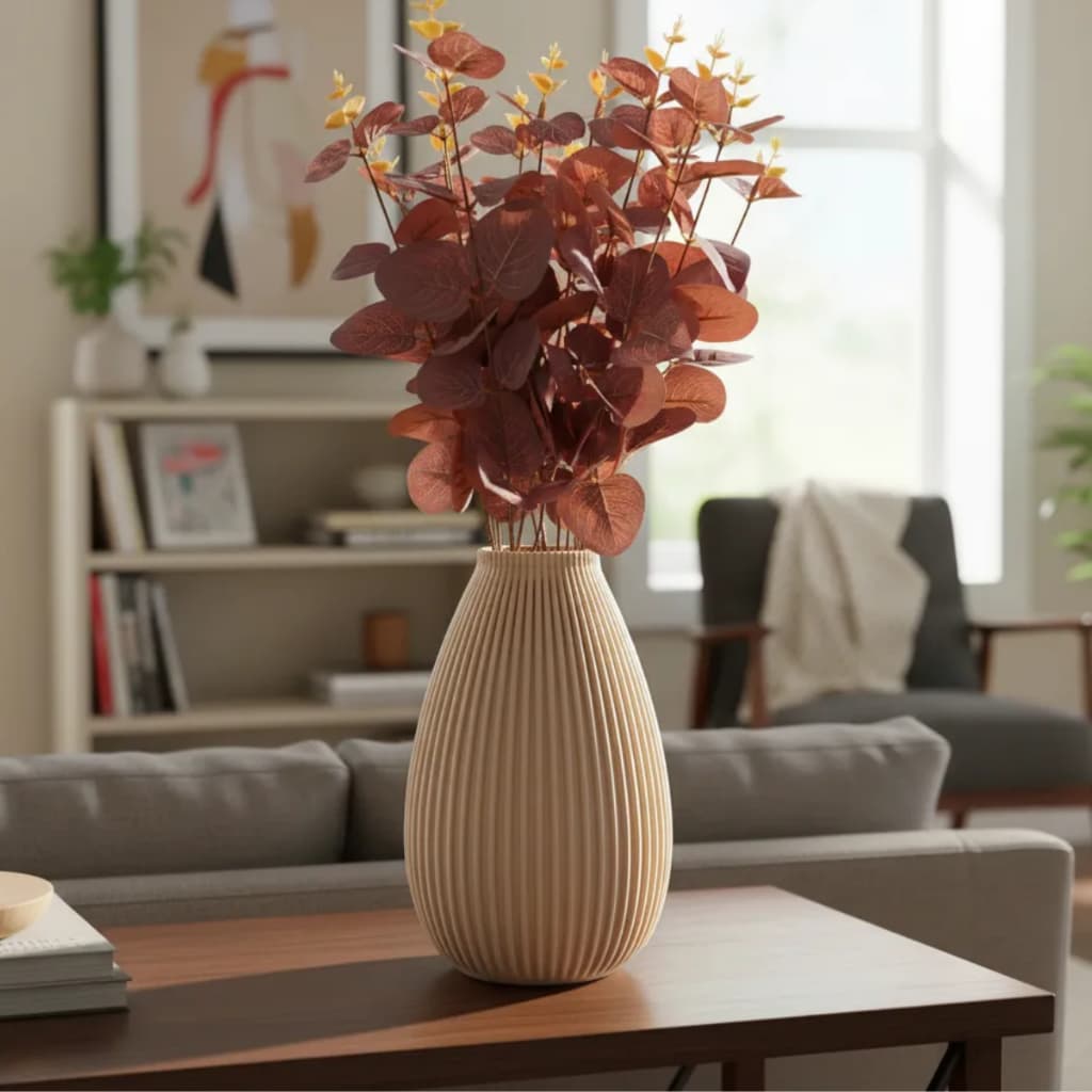 Vaso Ornamental Estriado com Arranjo de Eucalipto Artificial Decoração