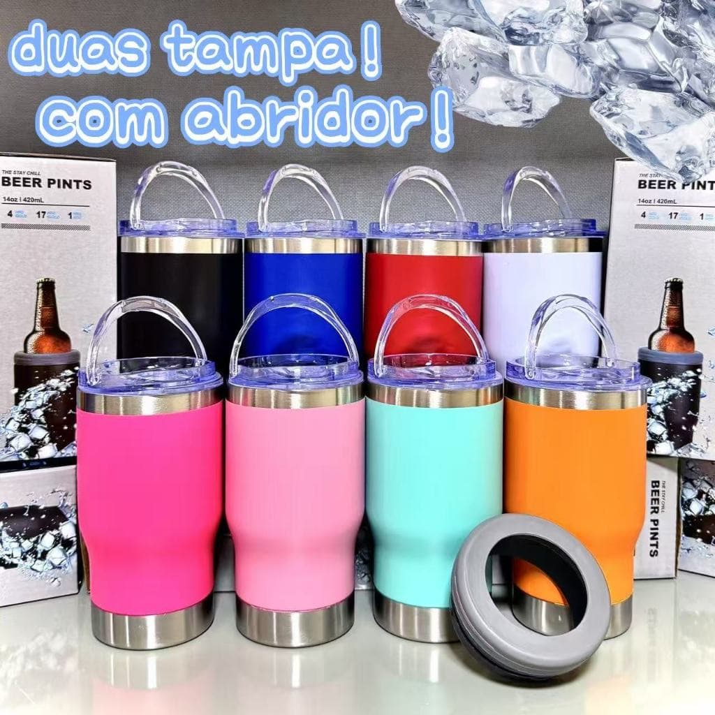 Copo térmico 420ML com duas tampas e abridor porta long neck Conserva Gelado Tampa transparente