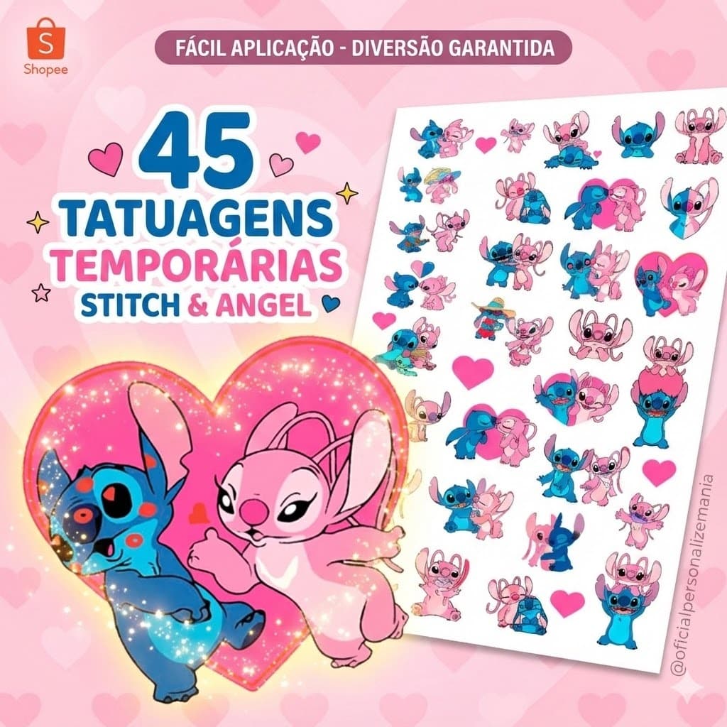 Tatuagem Temporária Infantil Stitch e Angel Premium 20x28cm