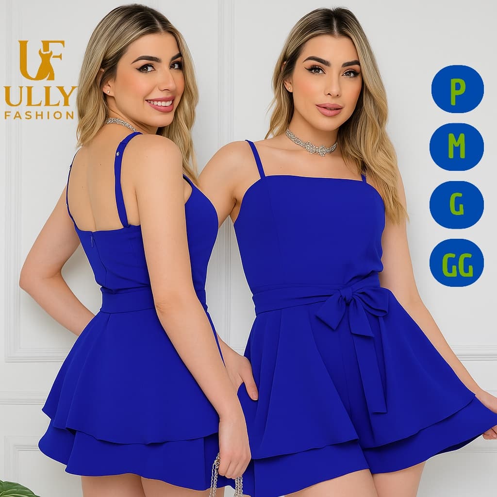 Macaquinho Shorts Saia Alça Fina Com Babado E Cinto Verão Tecido Duna Envio Imediato