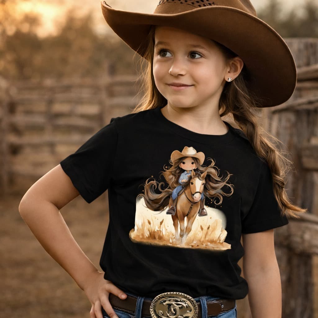 T-shirt Infantil Feminina Estampa Menina No Cavalo 100% Algodão Toque Macio Blusa/Camiseta/Camisa