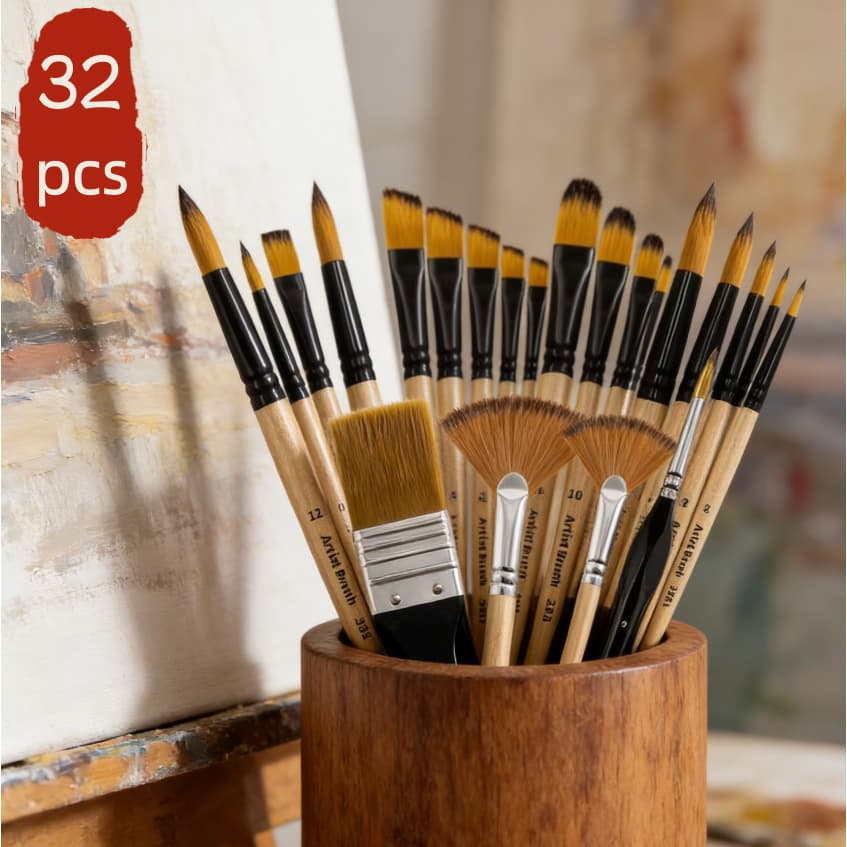 Kit De Conjunto De Pincéis De Pintura De 32 Unidades Para Acrílica , Cerdas De Nylon Premium Com Redondo , Filbert , Pla