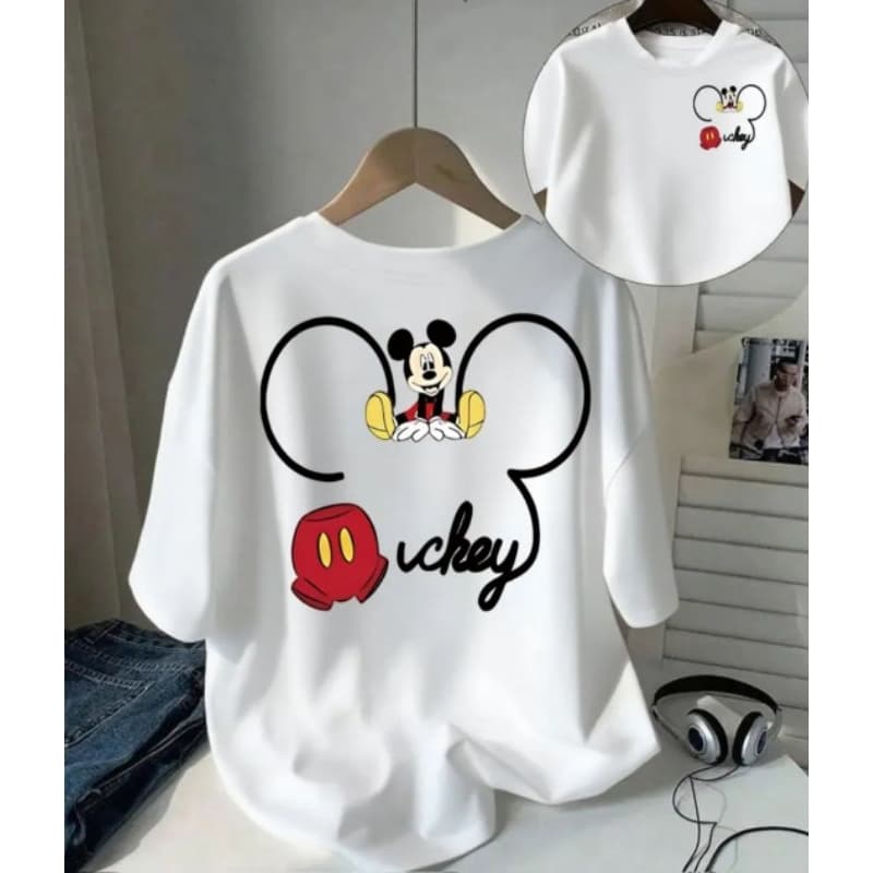 Blusa Feminina de Manga Curta com Estampa do Mickey Mouse com Design de Orelhas Icônicas Camiseta Casual Confortável