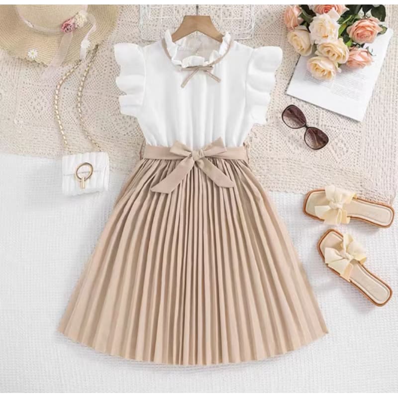 Vestido Infantil Saia Plissada Elegante com Laço Manga Babado Festa
