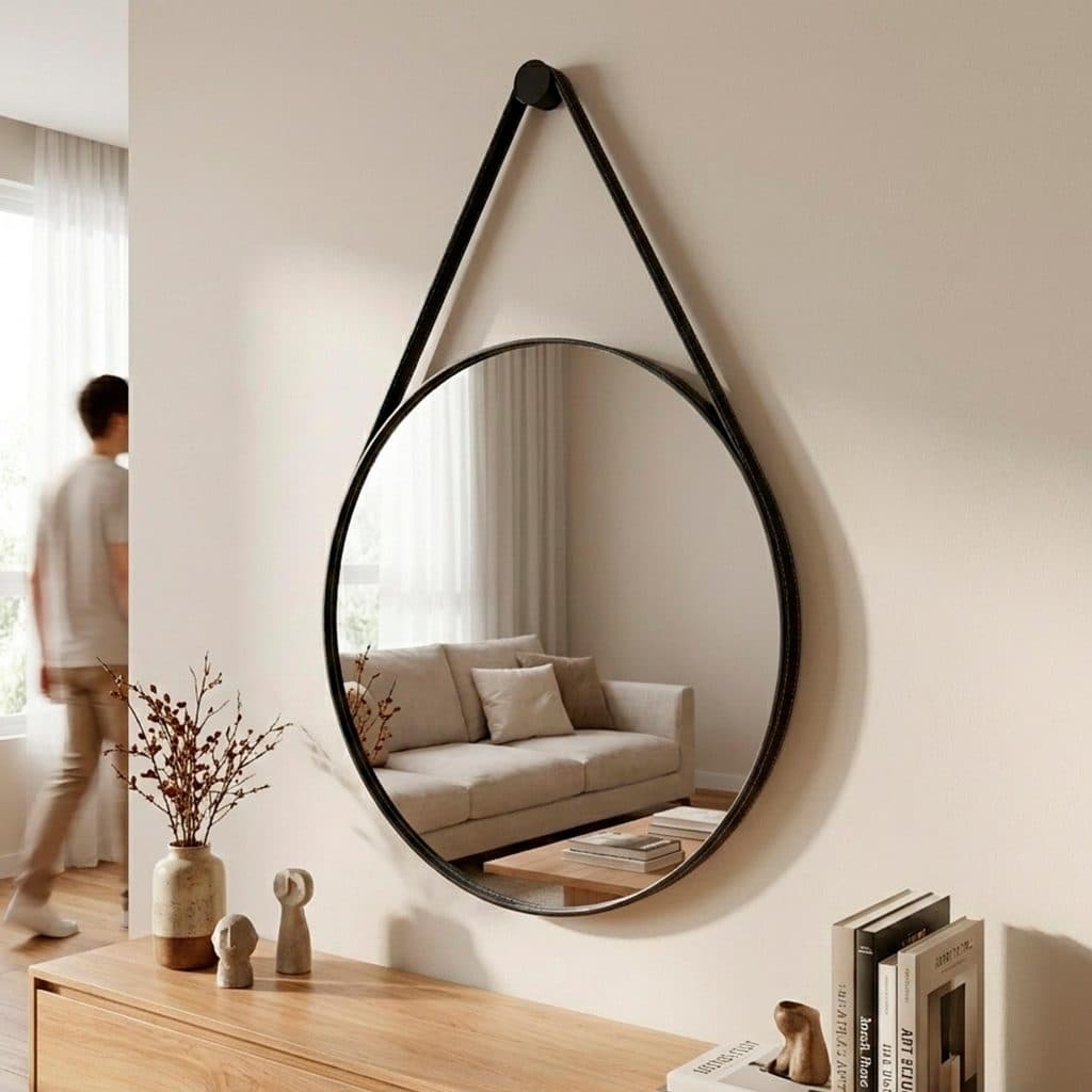 Espelho Adnet Escritório Alça Em Couro 60cm com Suporte Pino de Parede para Banheiro Sala Quarto