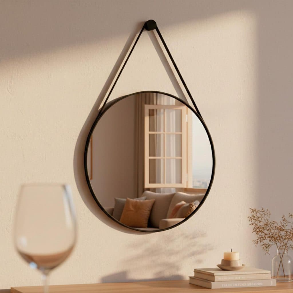 Espelho Adnet Decorativo Redondo Alça Couro Tamanhos e Cores 60cm 50cm 40cm 30cm Suporte Pino Parede