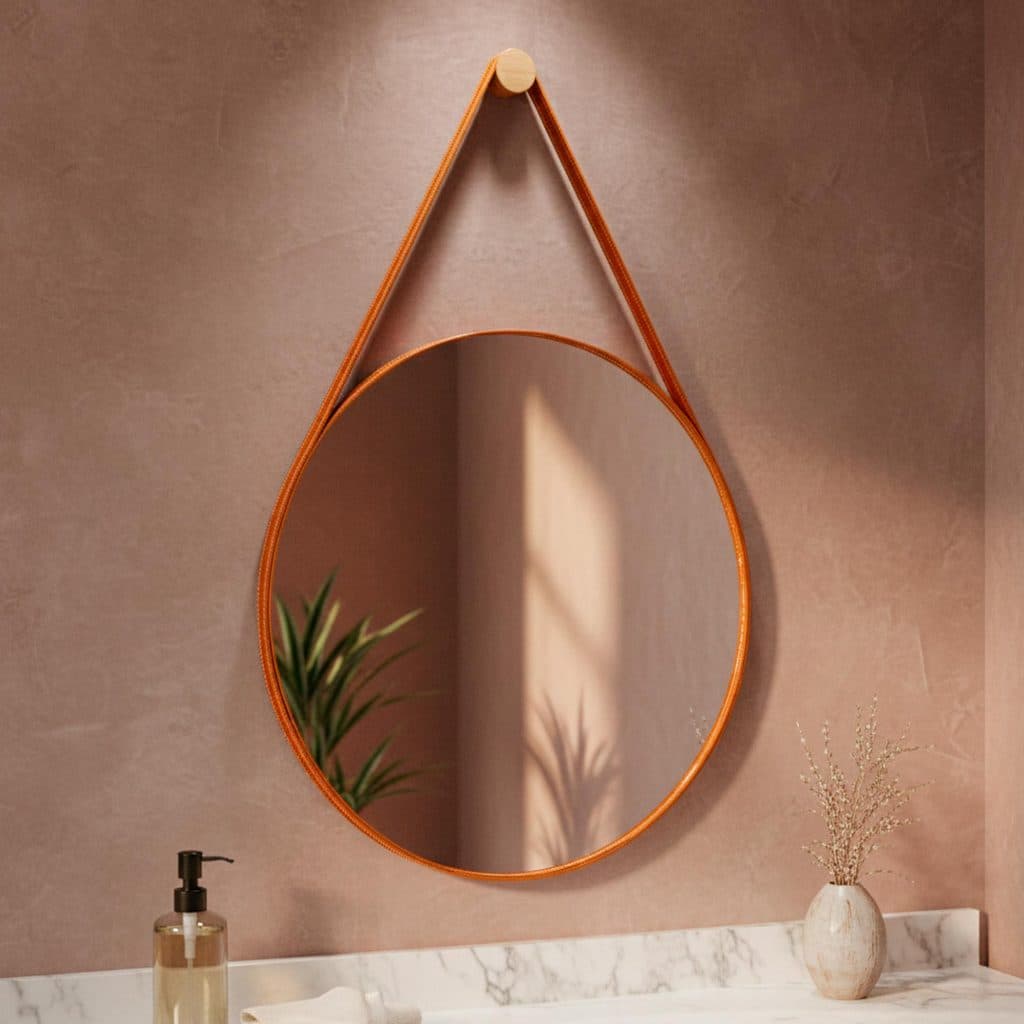 Espelho Decorativo Redondo 50cm Adnet Suspenso C/ Alça Couro para Banheiro Sala Quarto Lavabo