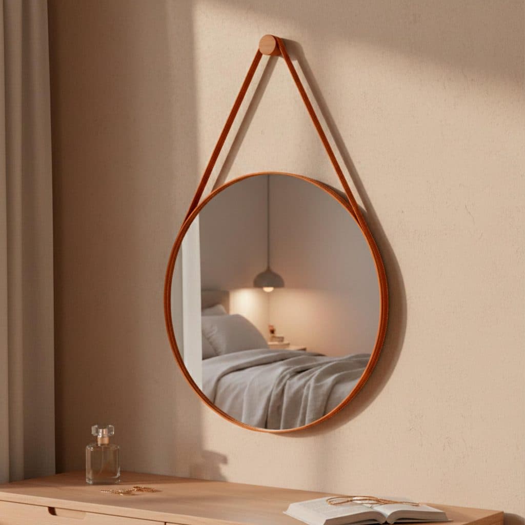 Espelho Decorativo Grande Redondo Adnet com Alça em Couro 60cm com Suporte de Parede para Banheiro