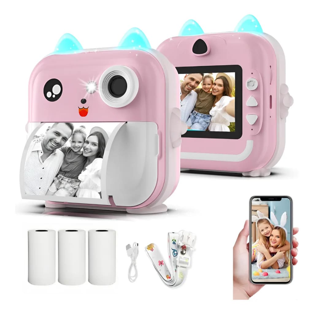 Câmera Infantil Instantânea Filmadora Full Hd App Com 3 Rolo Desenho De Orelha De Cachorrinho