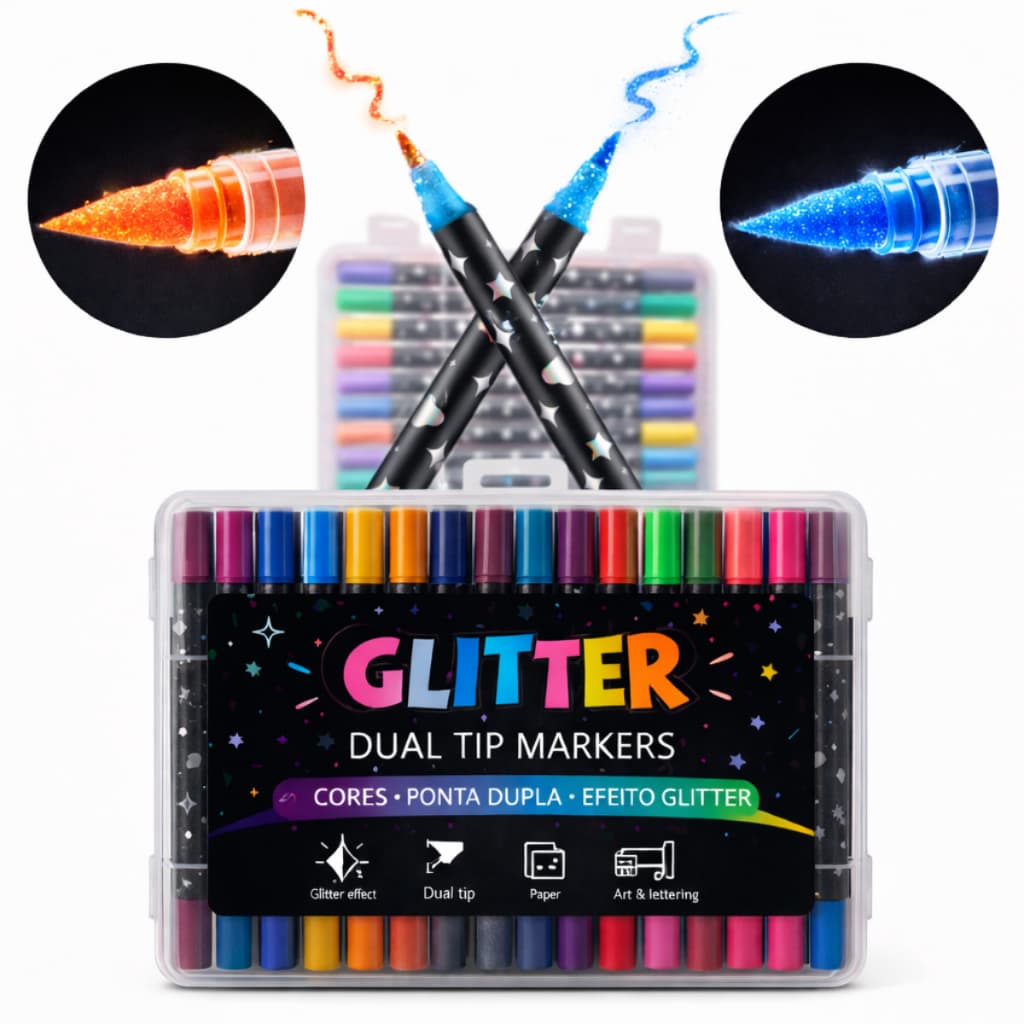 Caneta Canetinha Marcadora Acrílica Glitter Metalizada Brilhante Ponta Dupla Colorir 12/36/48 Cores