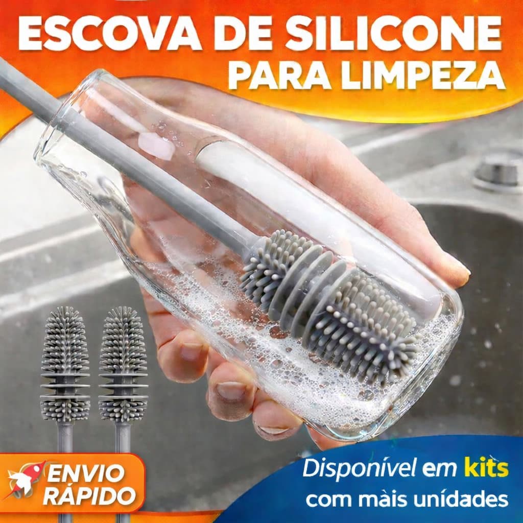 Kit Escova Silicone De Lavar Garrafa Mamadeira Copos Taça Multiuso Casa Limpeza