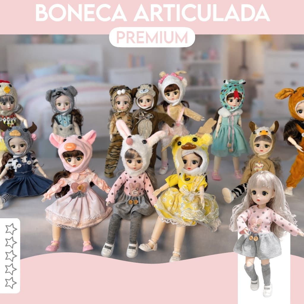 Boneca Articulada 30cm Fantasia de Bichinho com Capuz Removível Doll Vários Modelos Colecionável Premium