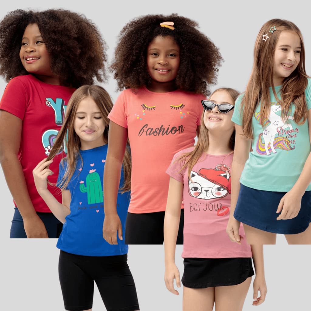 Kit 5 Blusa Infantil Menina Estampa Sortida Meia Manga T-Shirt Juvenil Verão Criança