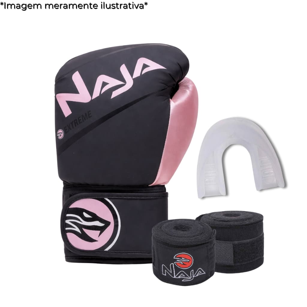 Kit Luva de Boxe e Muay Thai Naja Extreme com Bandagem 3m e Protetor Bucal Profissional de Treino