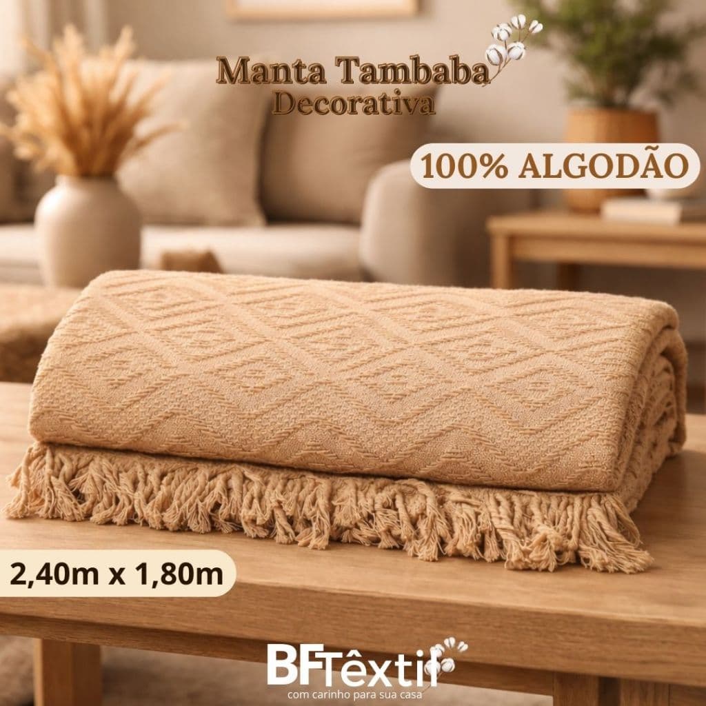 Manta Decorativa Tambaba para Sofá 2.40m x 1,80m 100% Algodão Várias Cores
