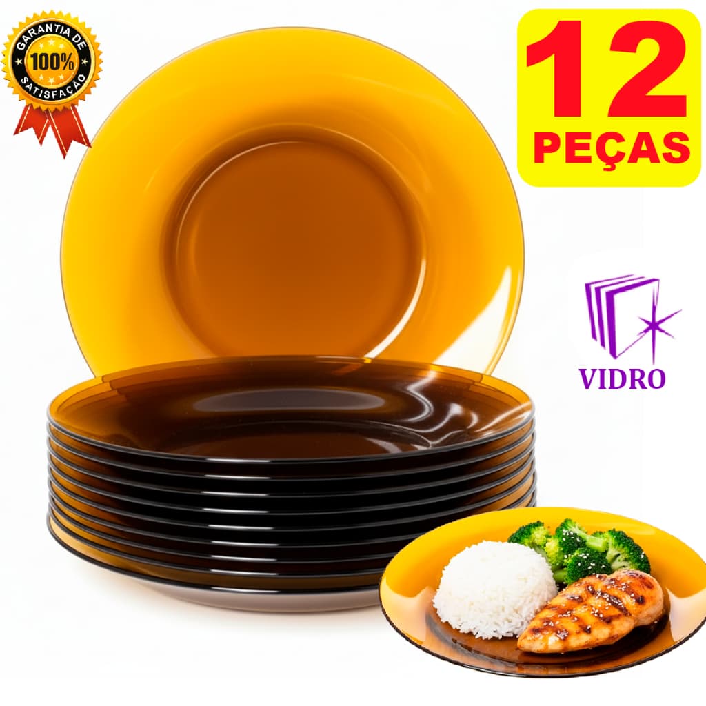 Kit Jogo 12 Pratos Fundos 22cm Cor Ambar Importado Vidro Alta Resistencia Semelhante a Duralex