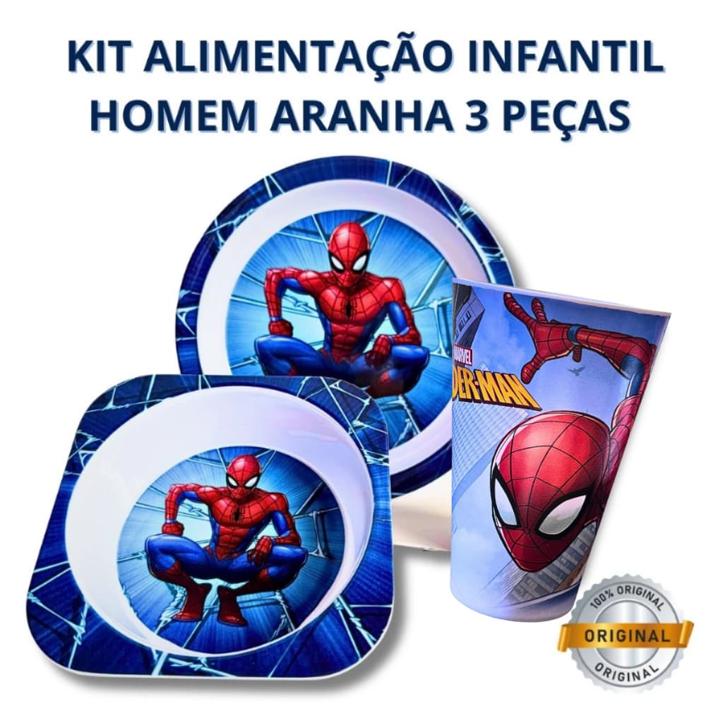Kit Alimentação Infantil 3 Peças temático Homem Aranha Melanina Prato de Refeição Sobremesa e Copo