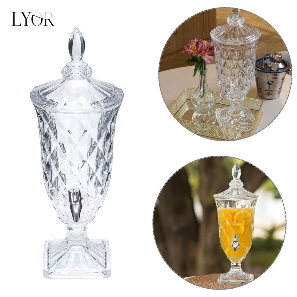 Suqueira Jarra De Vidro Cristal Resistente Decoração Com Torneira Diamond 2l Litros Lyor