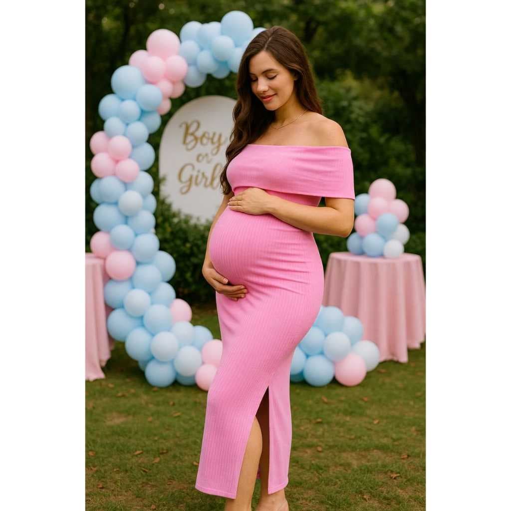 Vestido Gestante Midi canelado Ombro a Ombro gravida com Fenda azul e rosa Elegante para Chá Revelação e Ensaio gestante