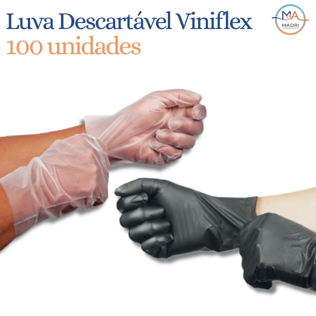 Luva Viniflex Descartável 100 Unidades Preta/Transparente Sem Pó P, M, G ou GG