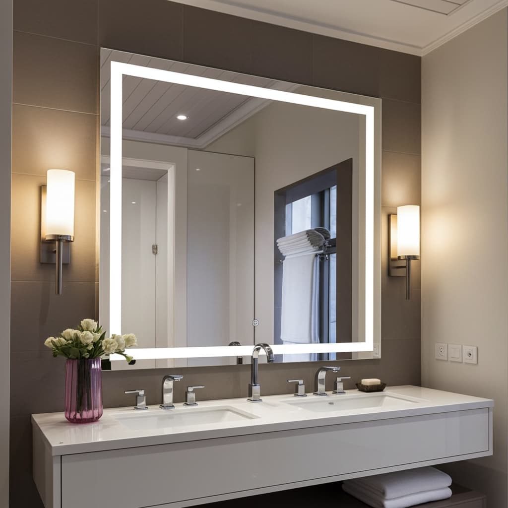 Espelho Quadrado com Iluminação Led Jateado 3 Cores e Botão Touch – Decorativo Moderno 50x50