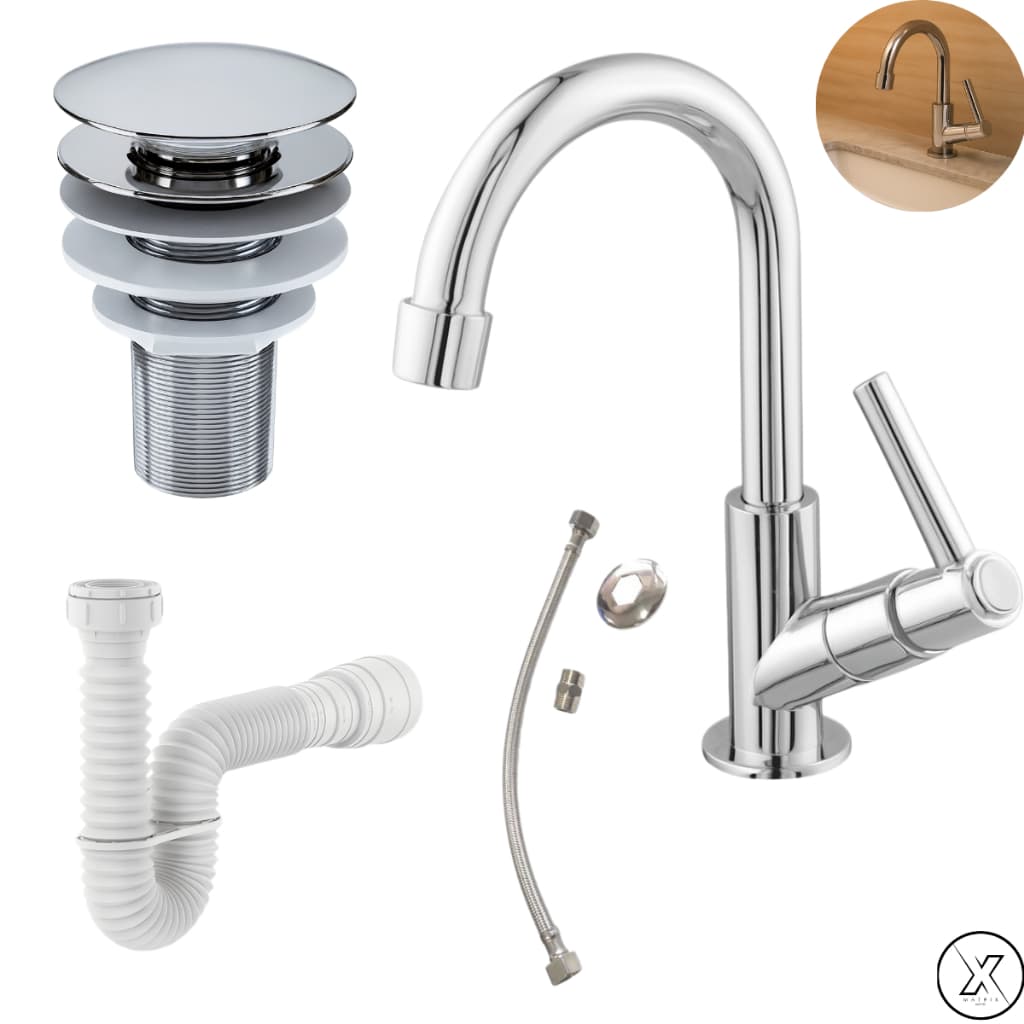 Kit de Banheiro em ABS- Torneira Bancada+ Ralo Válvula click 7/8 Cromado + Sifão + Engate 40CM