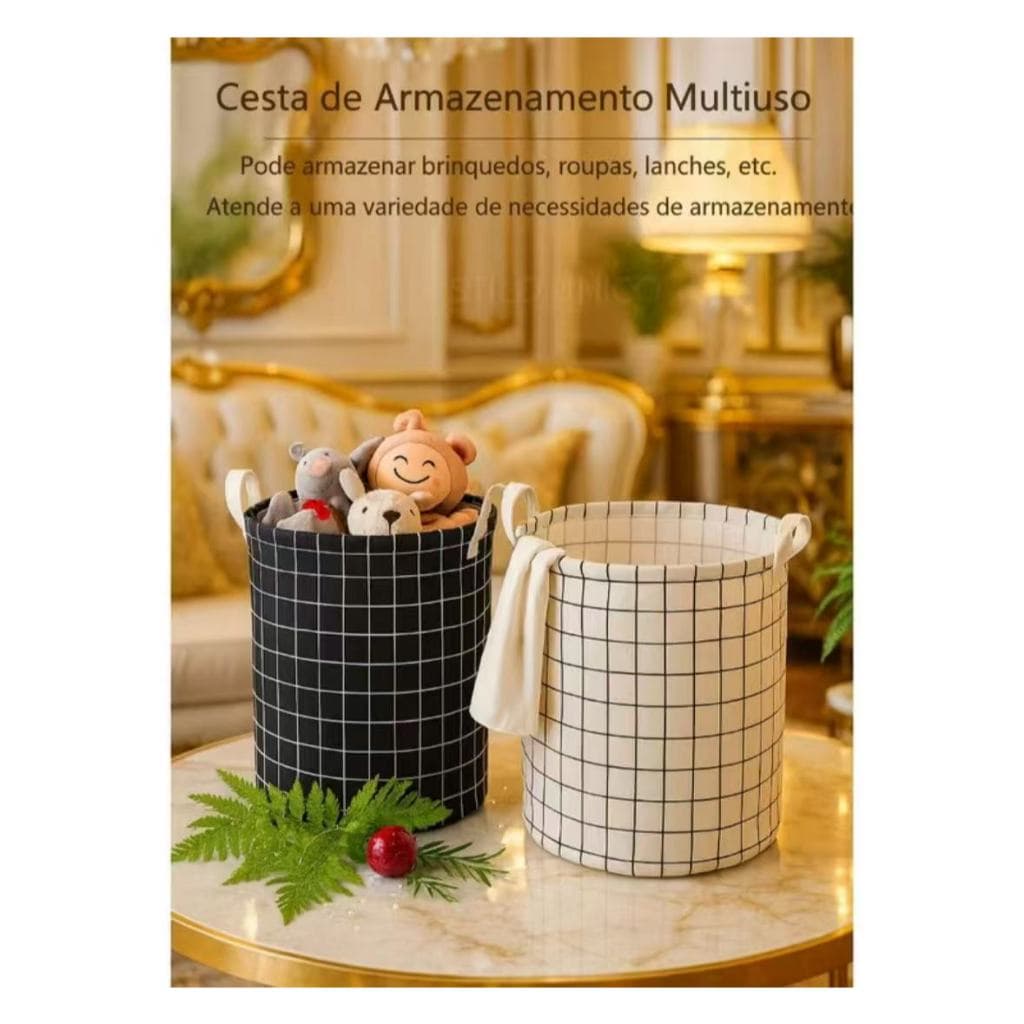 CESTO ORGANIZADOR REDONDO DOBRÁVEL MULTIUSO LINHO A PROVA D'ÁGUA PARA ROUPA SUJA