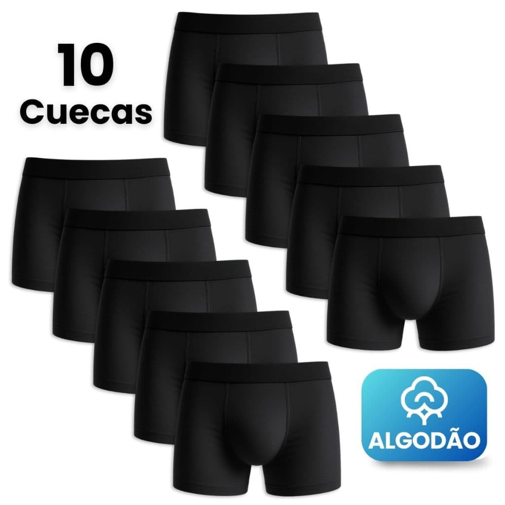 Kit 10 Cuecas Boxer Masculino Algodão Premium Pretas Confortáveis