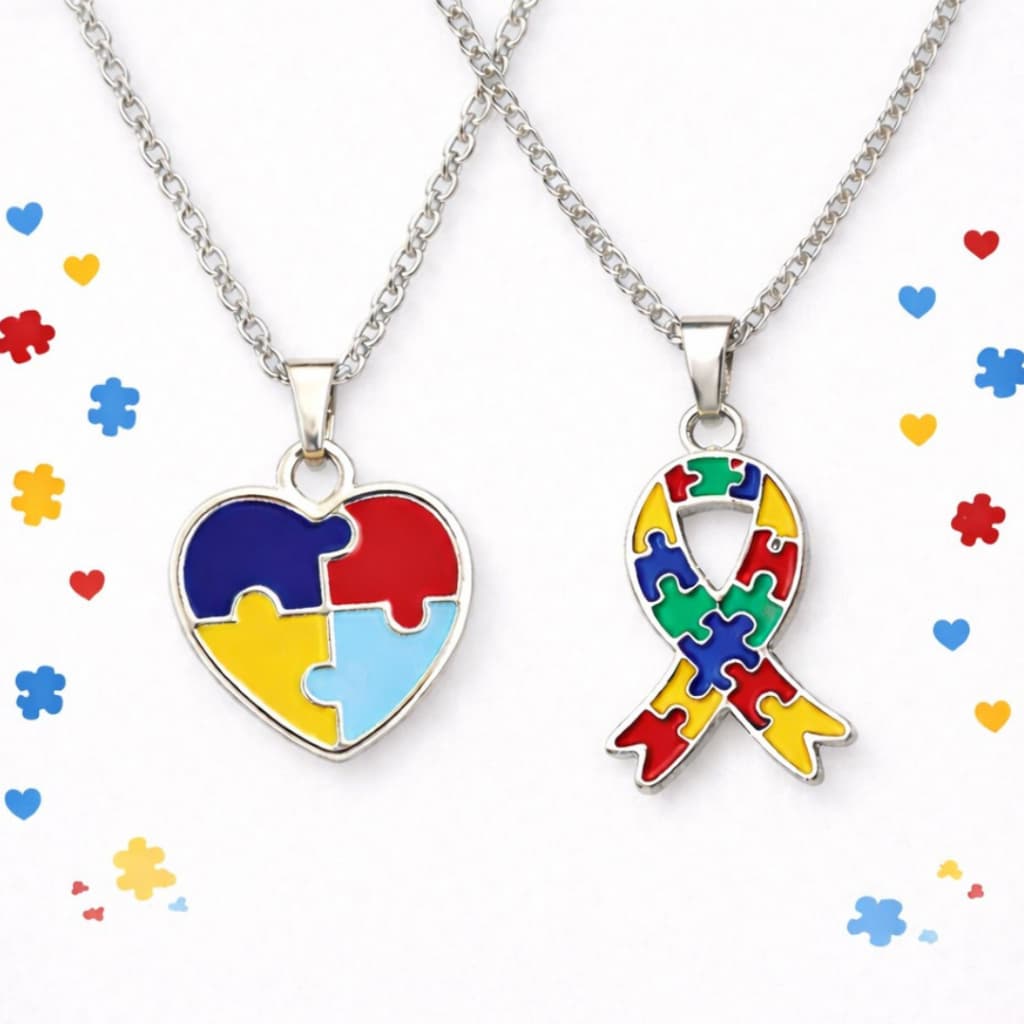 Kit 2 Colar do Autismo Coração Quebra Cabeça Laço Autista Cordão Ajustável
