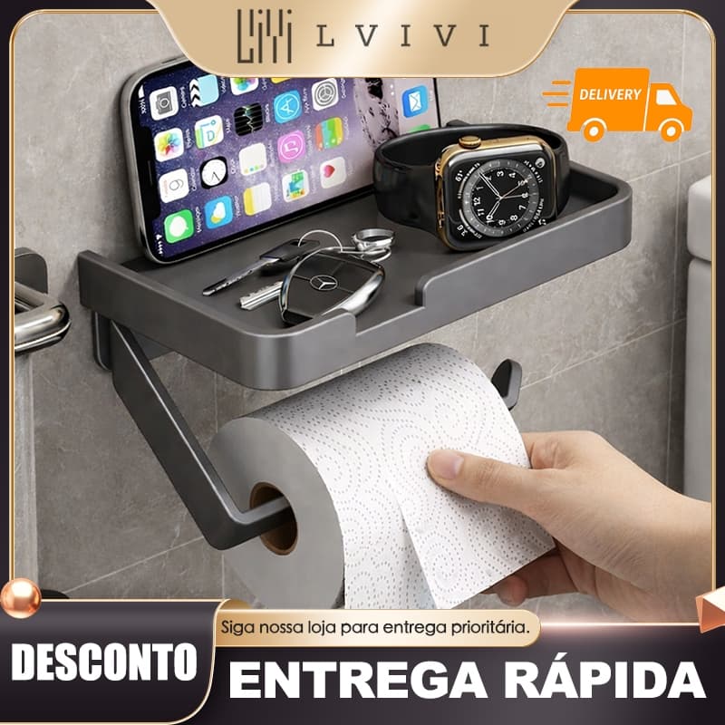Suporte Multiuso Para Papel Higienico Preto / Lenço de Papel Descartavel