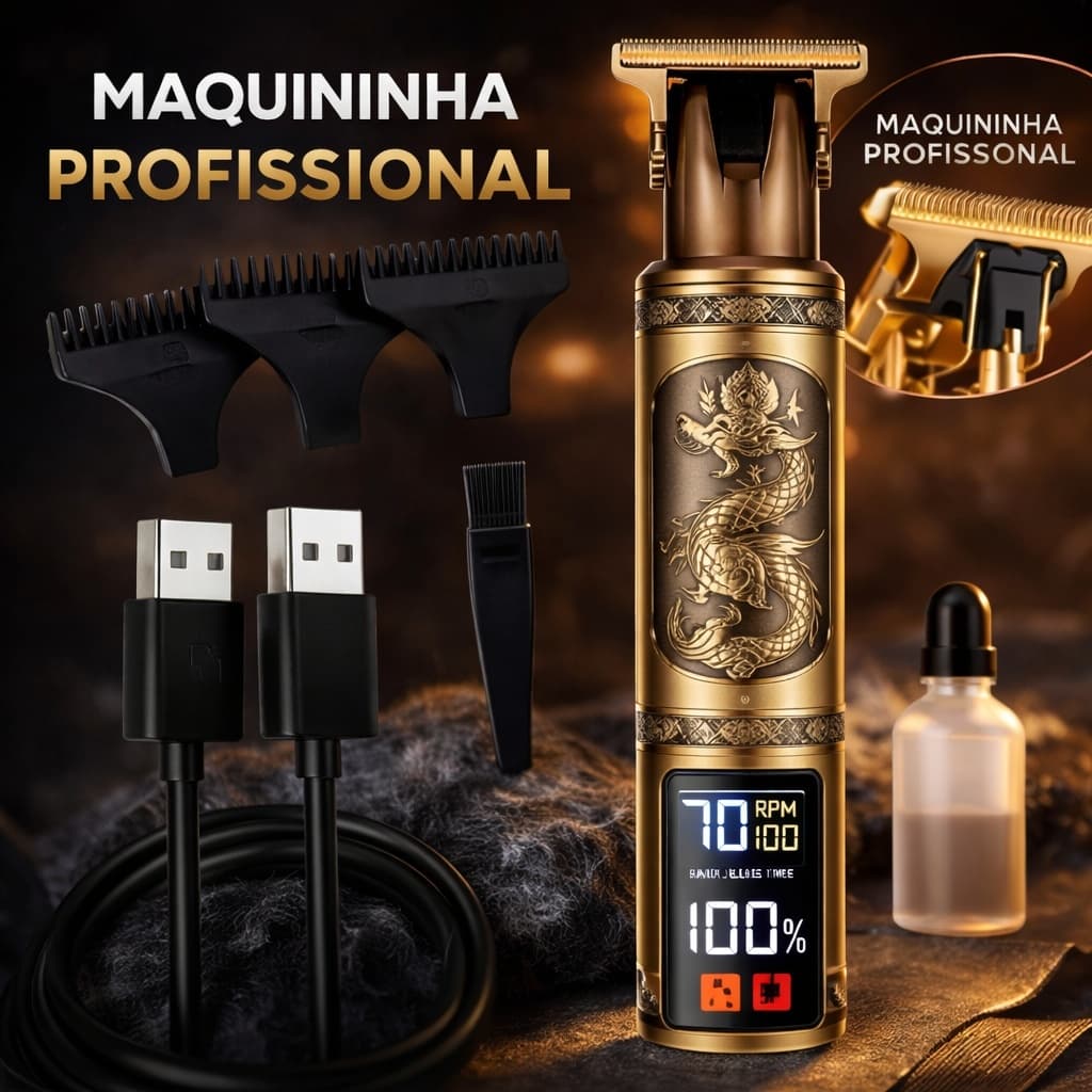 Máquina Dragão Profissional LED Premium Sem Fio para Cabelo e Barba