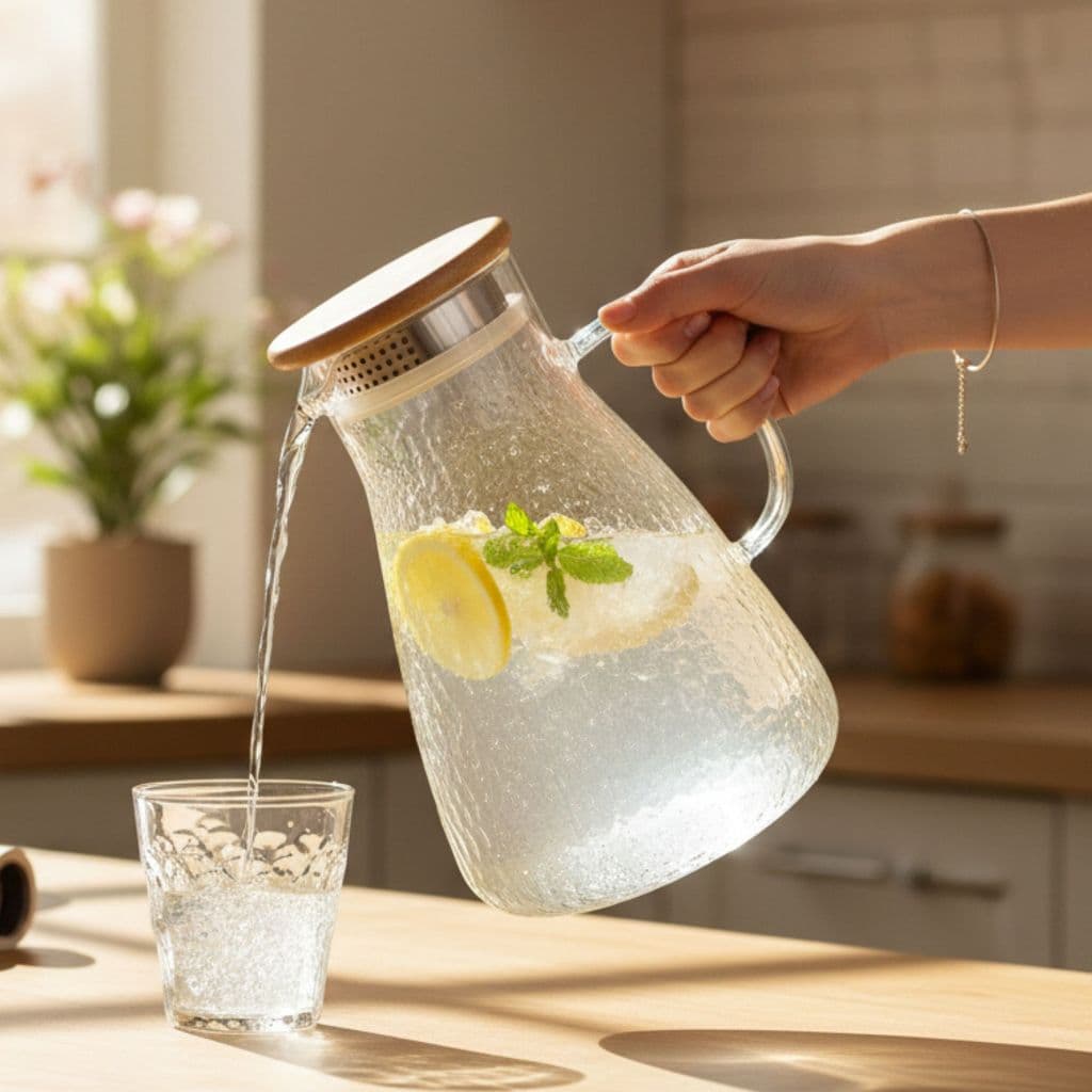 Jarra Peônia Transparente Com Tampa Bambu e Aço Inox Multicolorido Vidro Borossilicato 1,8L