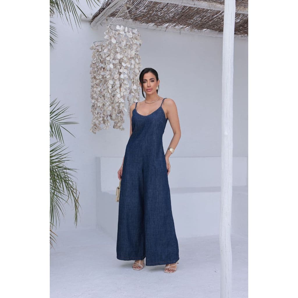 Macacão Jeans  Feminino Elegante Leve Soltinho Com Alça Regulavel  com Zíper tras