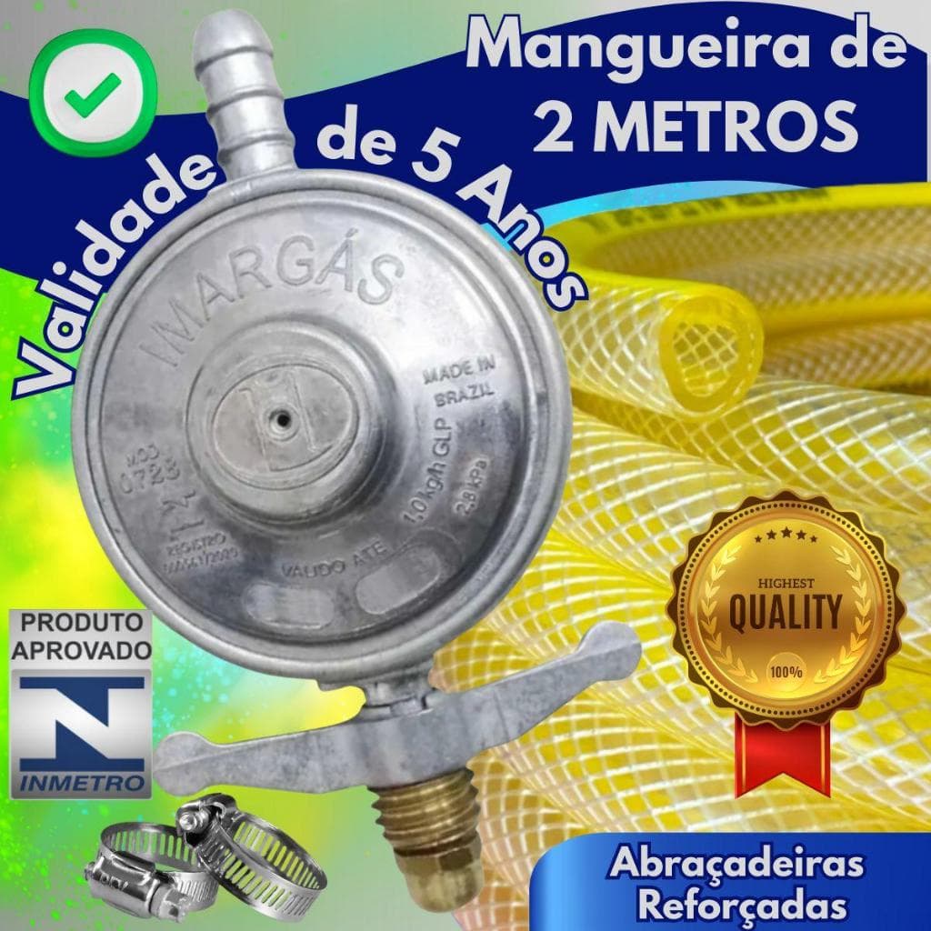 Kit Registro Regulador de Gás com ou Sem Manometro Mangueira e Abraçadeira