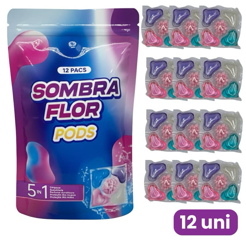 Kit 12 Pods Sombra Flor 5 em 1 | Cápsulas de Lavagem Roupas com Perfume Duradouro