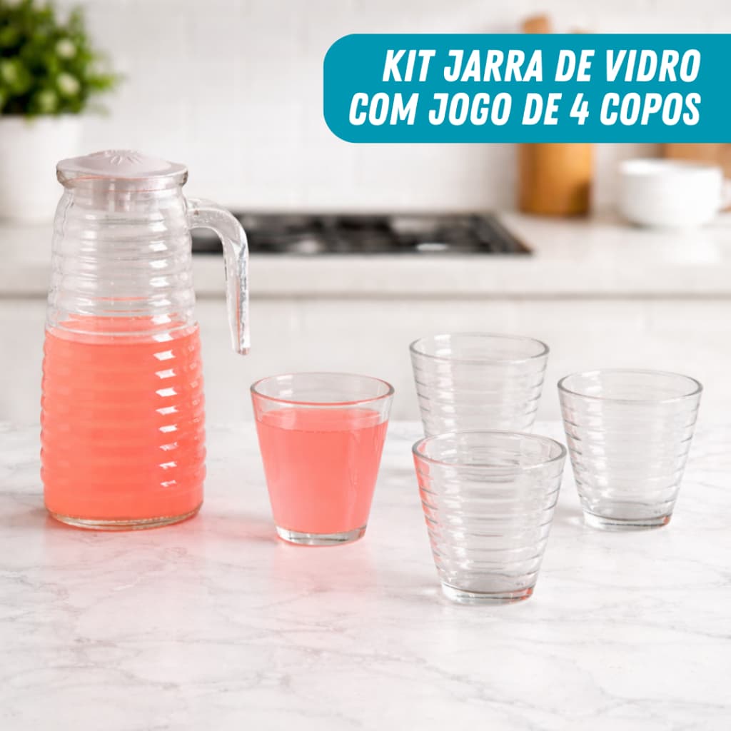 Kit Conjunto Jarra E Jogo de Copos De Vidro - 4x250ml 1x900ml