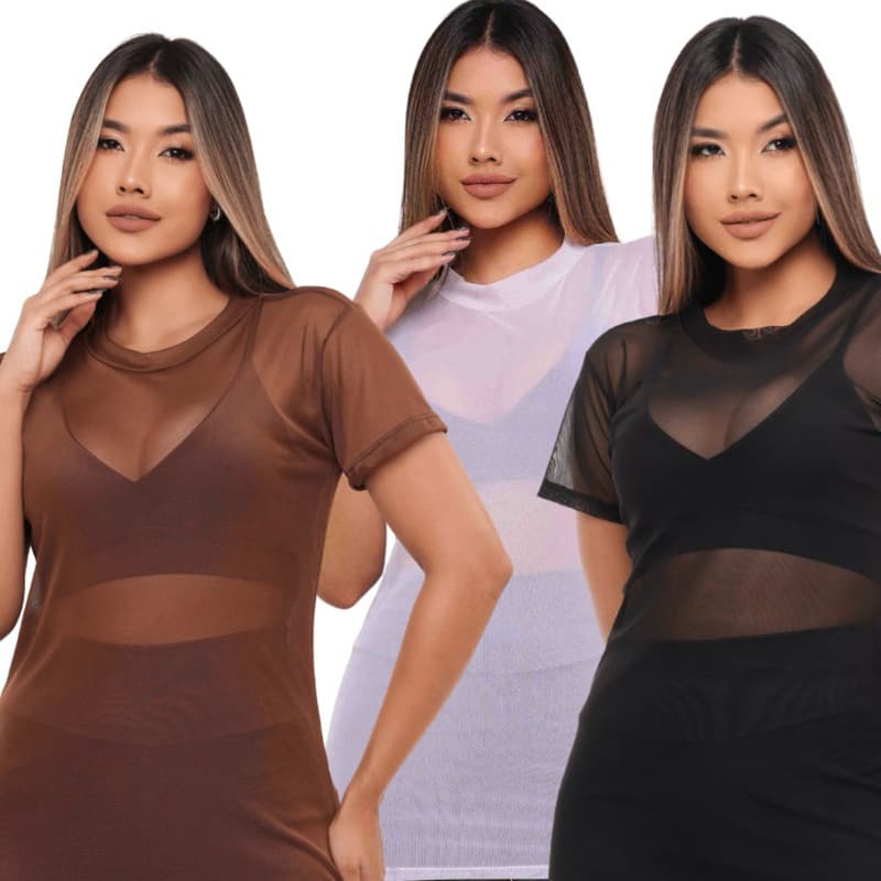 KIT 3 Blusa Tule Transparente Fitness Feminina Longa com Manga camisa tule camisetão Academia Conforto Verão