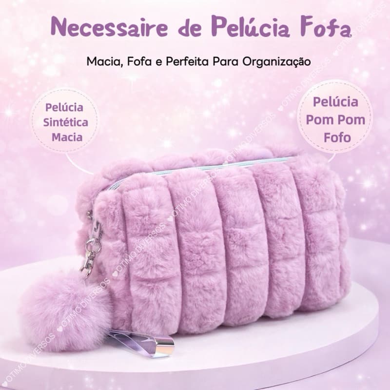 Necesser Pelucia Necessaire Com Pompom Com Alça Feminina Estojo de Bolsa