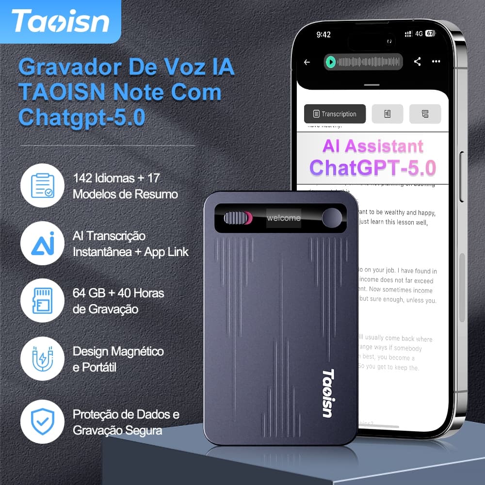 Taoisn Gravador de Voz IA Inteligente142 Idiomas Transcrição Automática GPT-5,Redução de Ruído,64GB,40h- Android IOS