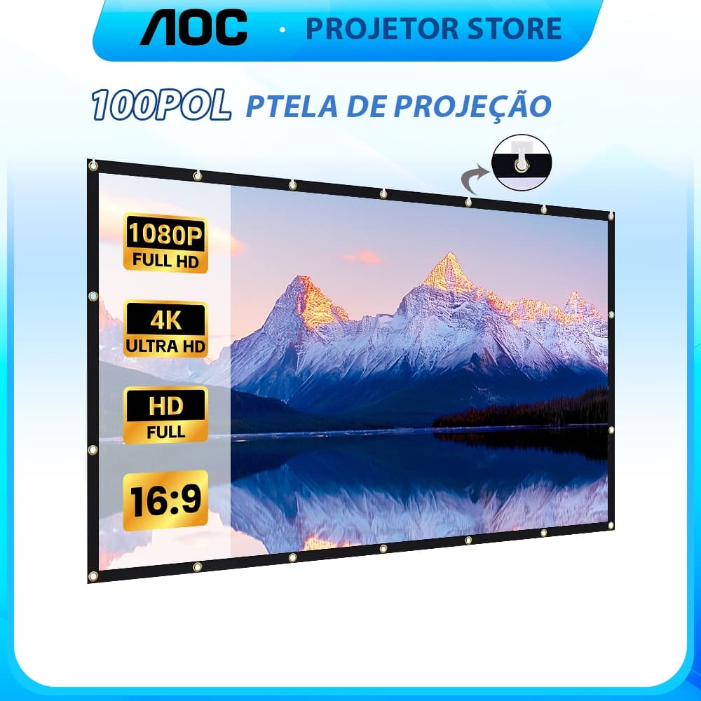 AOC Tela de Projeção 100 Polegadas 4K HD Portátil Imagem Nítida e Cinema em Casa