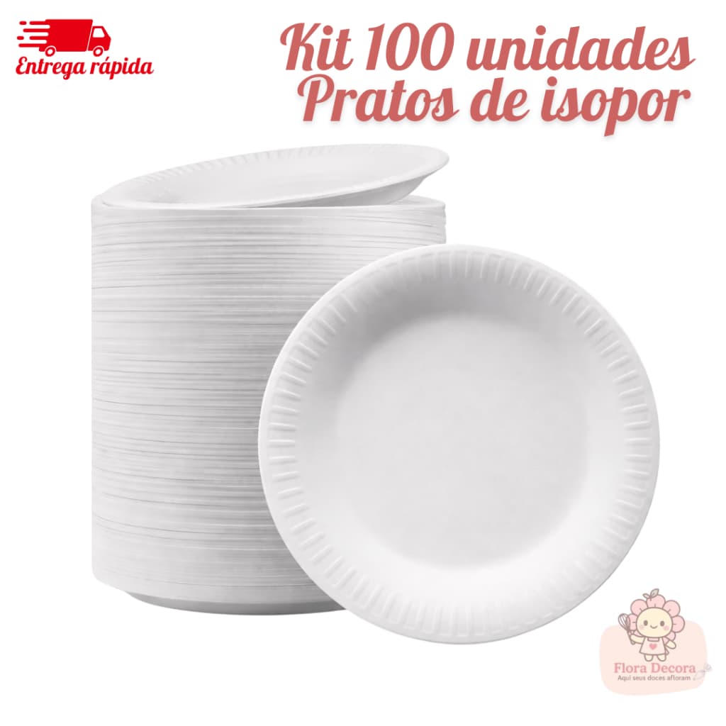 Kit 100 Pratos Descartáveis de Isopor Reciclável Leve Empilhável 23cm