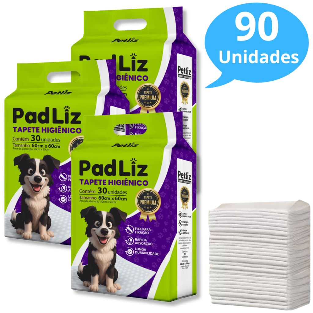 Kit 3 Tapete Higiênico para Cachorro Padliz 60 x 60 cm 90 Unidades - Petliz