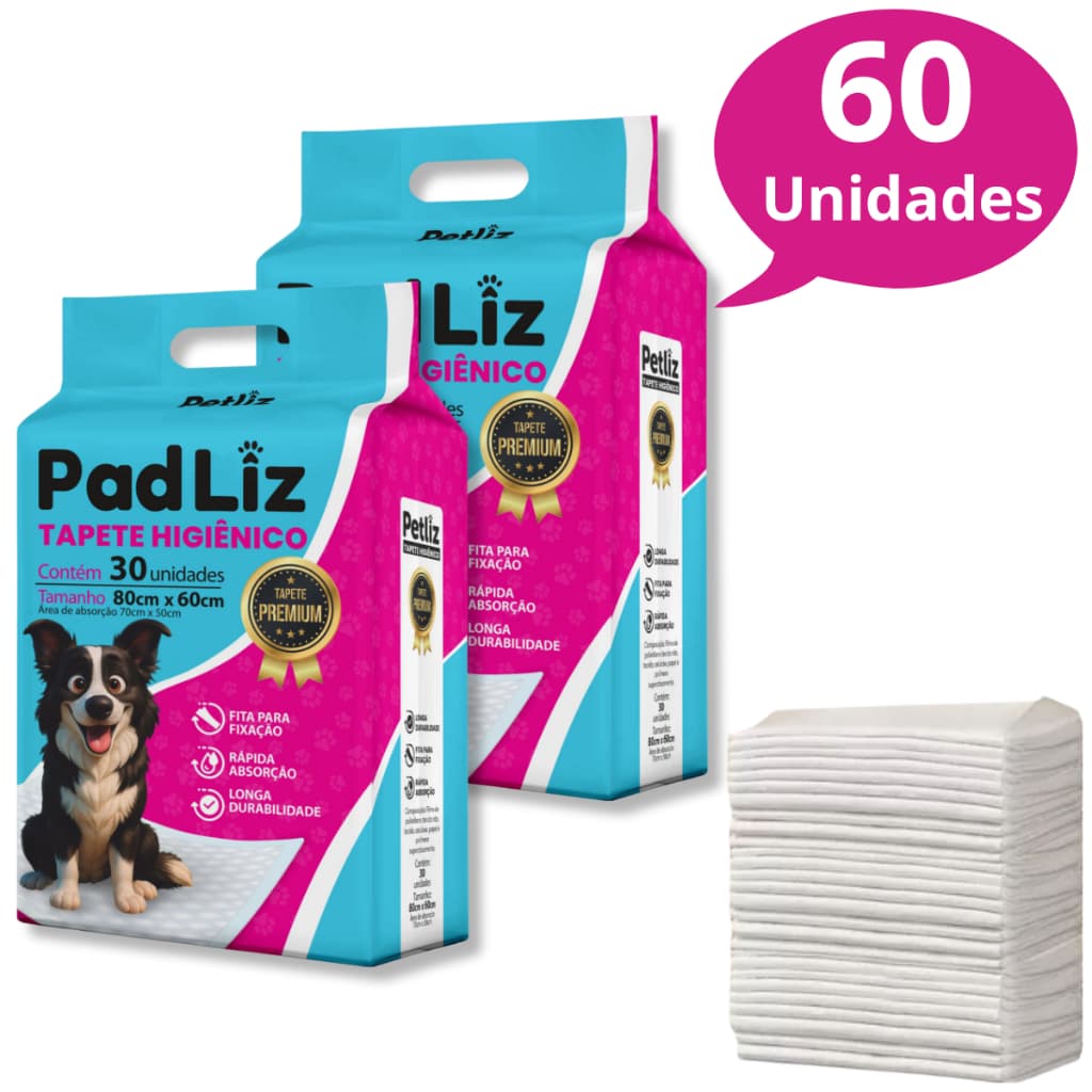Kit 2 Tapete Higiênico para Cachorro Padliz 80 x 60 cm 60 Unidades - Petliz
