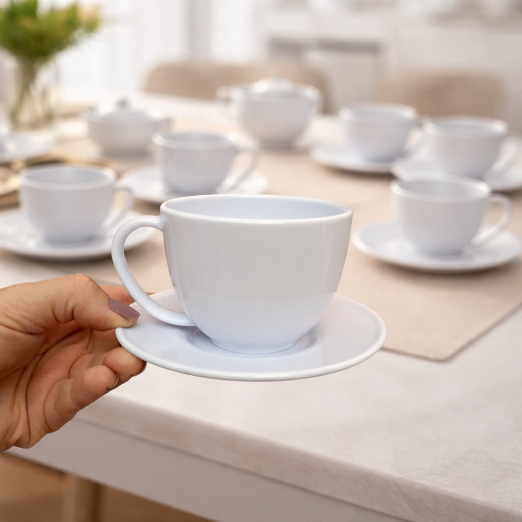 JOGO DE XÍCARAS COM PIRES 8 PEÇAS - 4 PIRES - 4 XÍCARAS 200ML ACRÍLICO BRANCO PARA CHÁ/CAFÉ