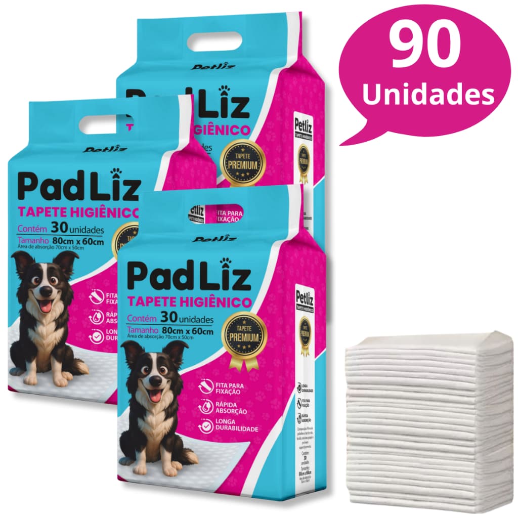 Kit 3 Tapete Higiênico para Cachorro Padliz 80 x 60 cm 90 Unidades - Petliz
