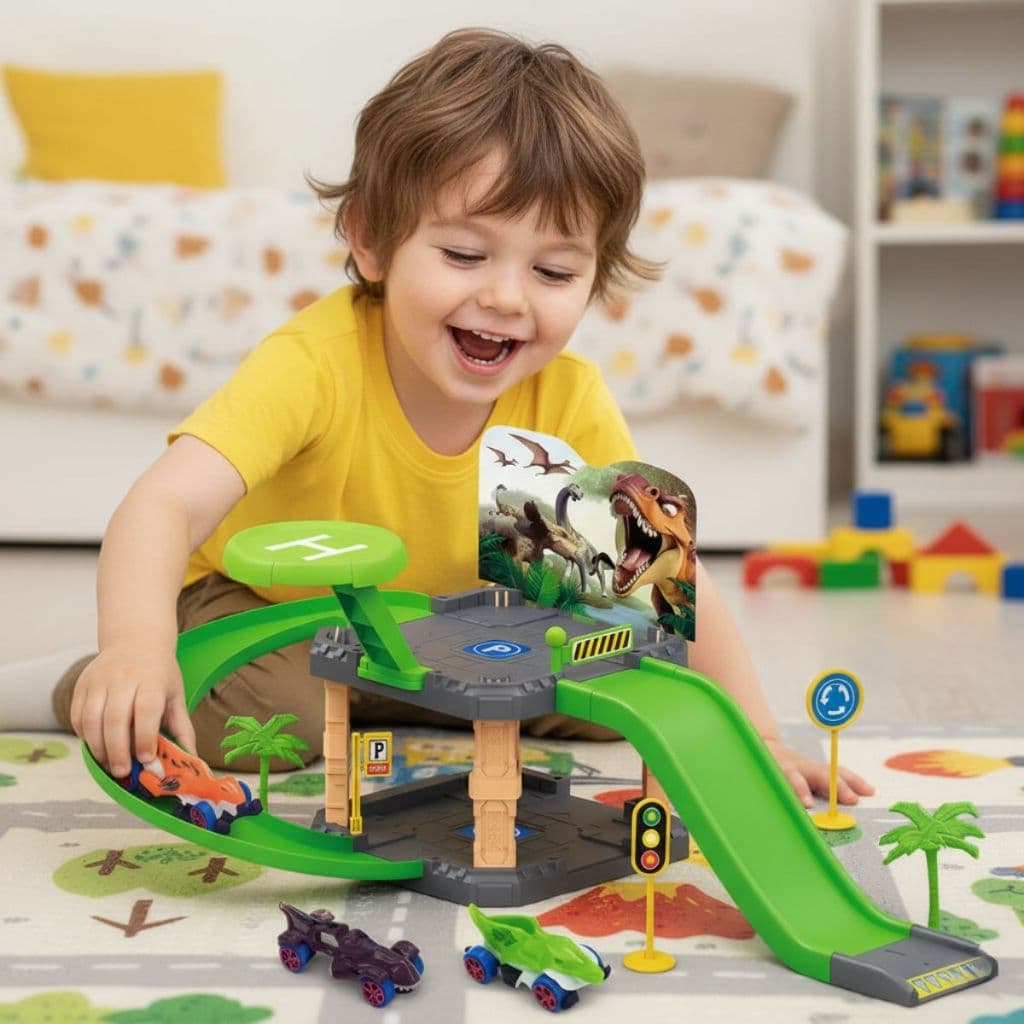 Pista Dinossauro Polícia Bombeiro Corrida Monta Monta Estacionamento Garagem Brinquedo Infantil