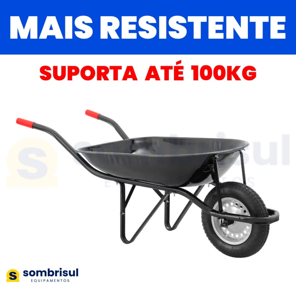 Carrinho de Mão C/ Pneu e Câmara Caçamba Redonda 100kg Resistente Construção Preto Aço Reforçado