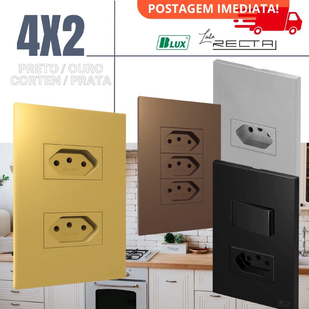 Conjunto Tomada Ouro Preta Corten Prata 4x2 10a 20a Interruptor Simples Paralelo Recta Satin Blux